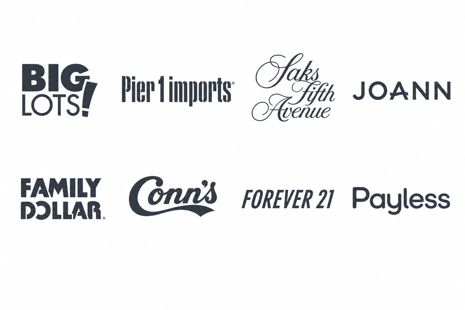 Big Lots, Pier 1 Imports, Saks Fifth Avenue, Joann, Family Dollar, Conn's, Forever 21, and Payless