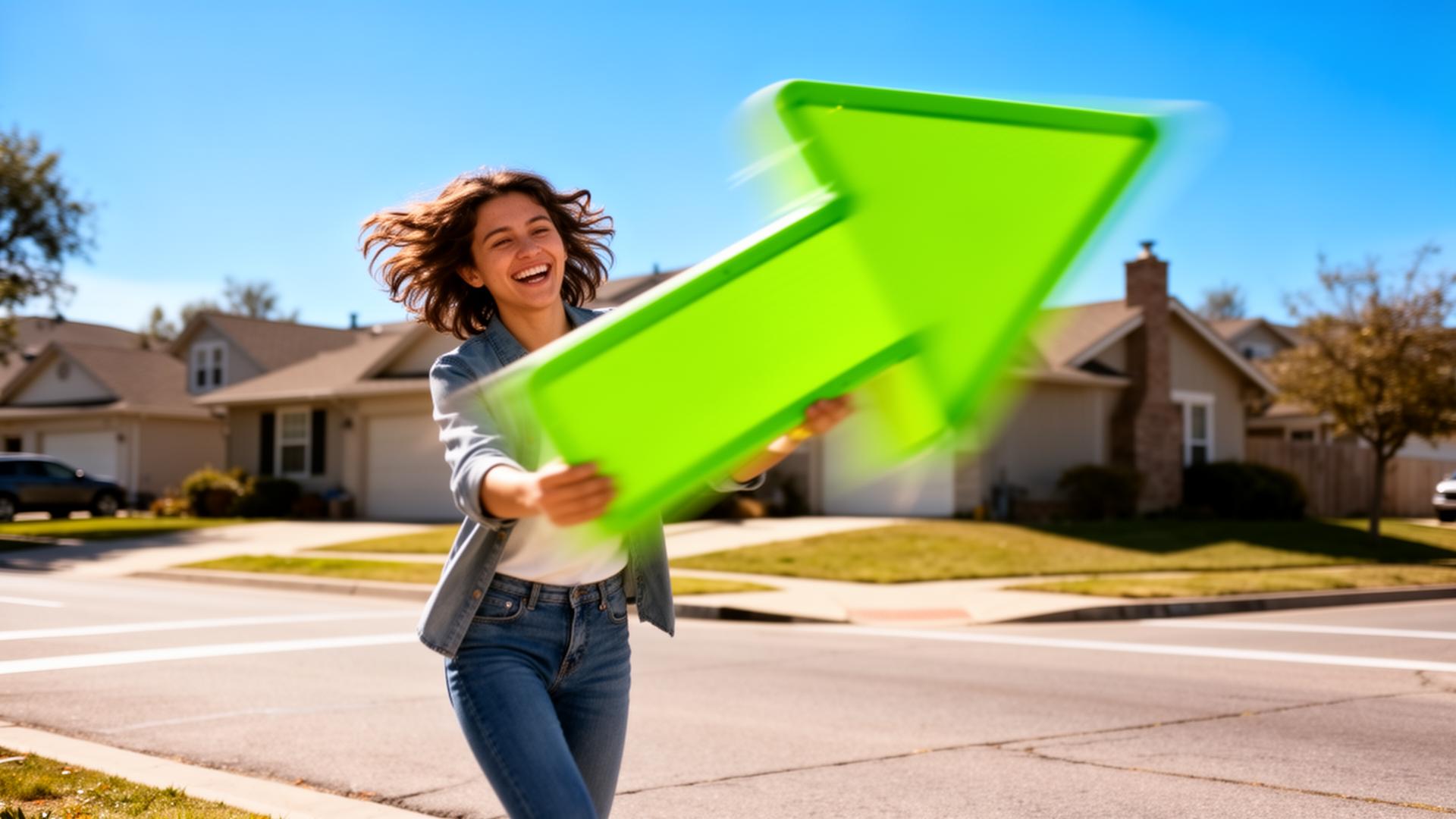 Sign holder with a bright green directional arrow on a sunny street corner