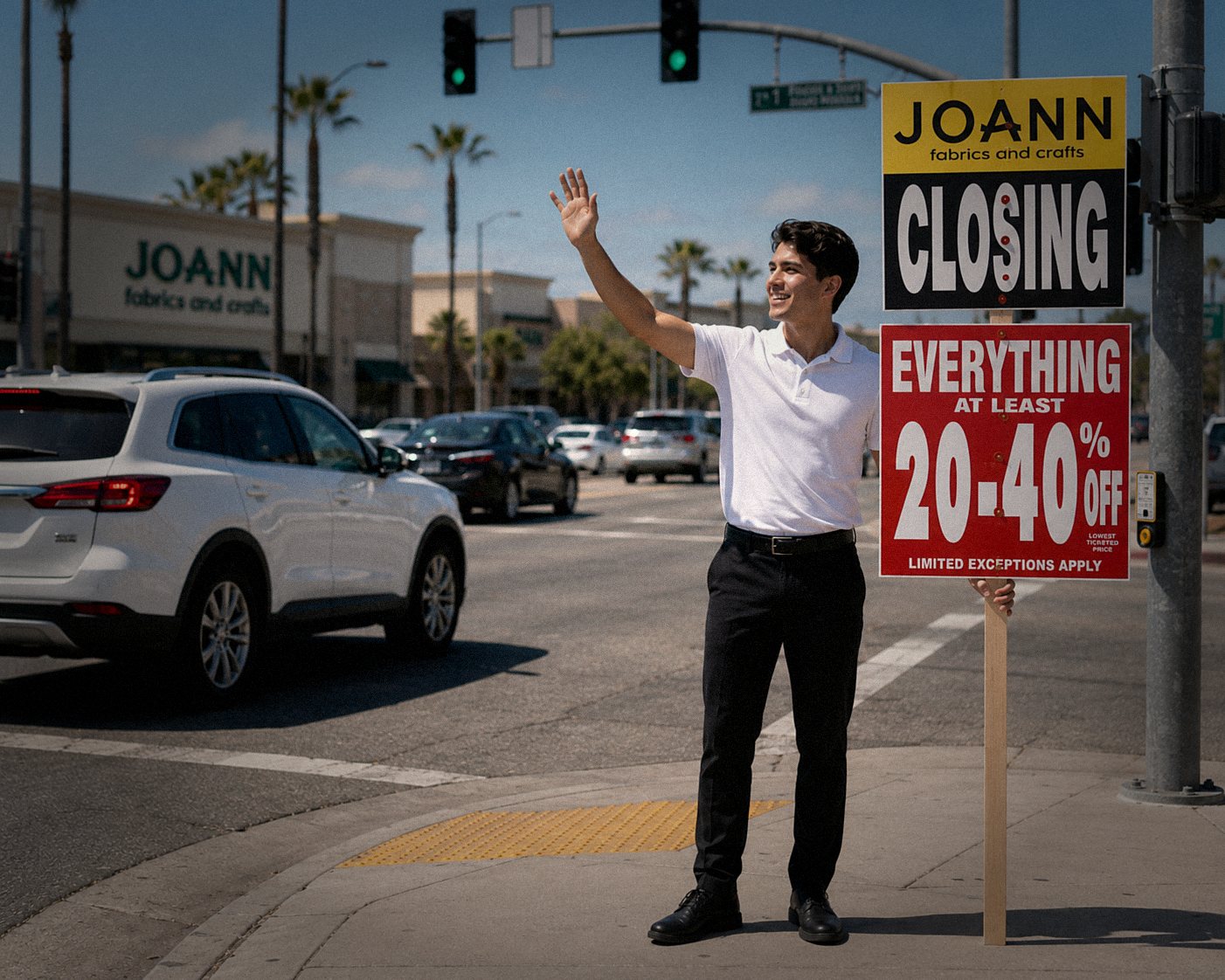 Sign Marketing sign holder waving with Joann Fabrics closing signs