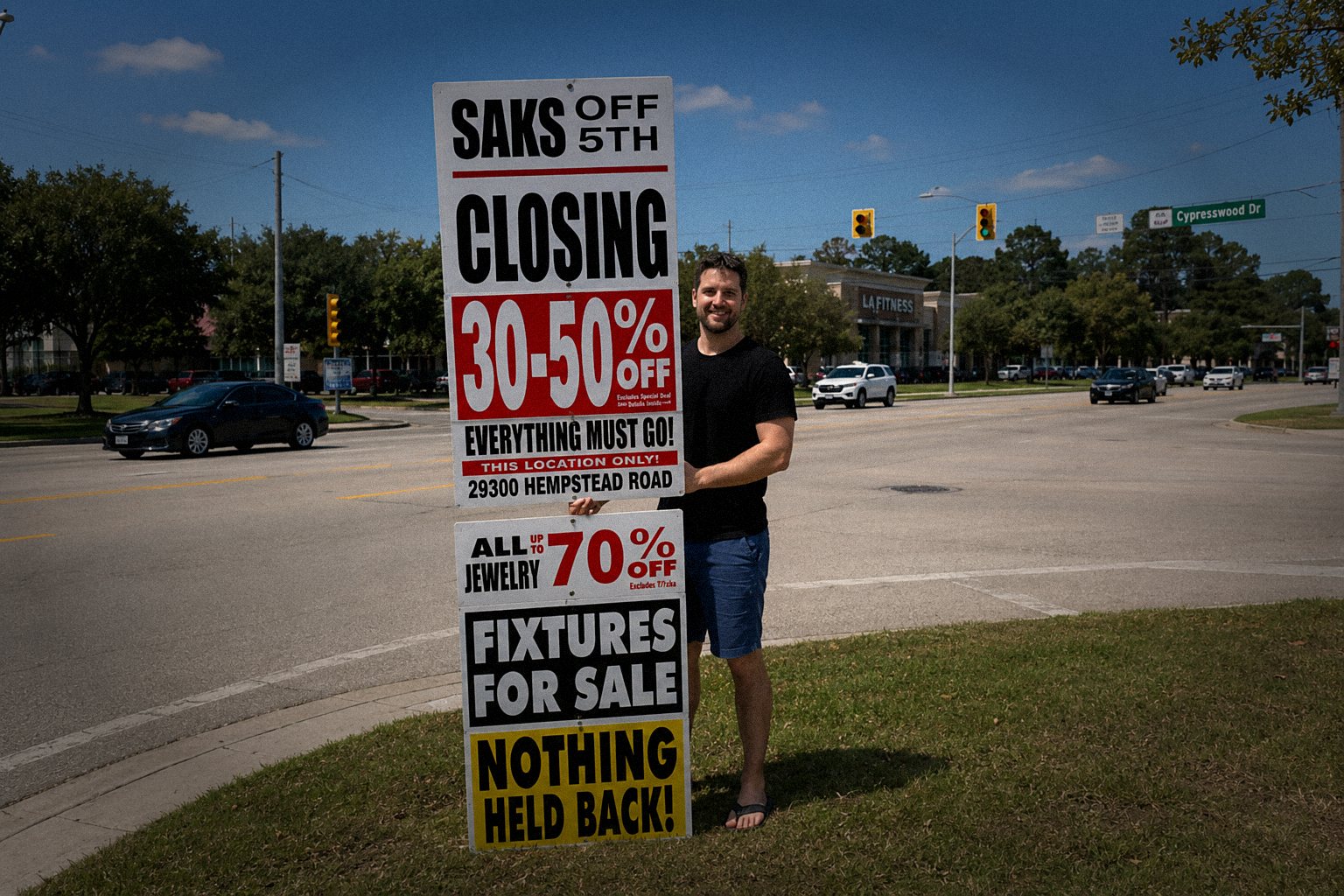 Sign Marketing sign holder holding Saks Off 5th store closing sign